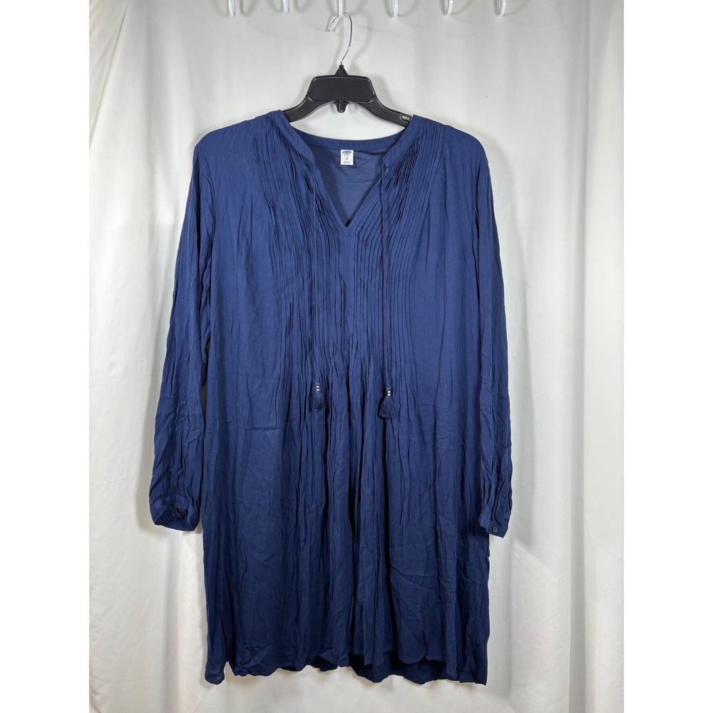 Old Navy Womens XL Navy Pintuck Pleated Tassel Tie Long Sleeve Shift Dress NWT